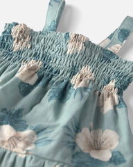 Baby Girl Smocked Linen Dress Made with Organic Cotton in Blue Hibiscus