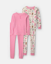 Girls 4-Piece Pets 100% Cotton Snug Fit Pajama Set - Pink/Cream