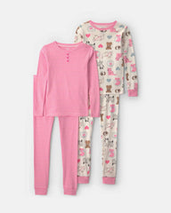 Girls 4-Piece Pets 100% Cotton Snug Fit Pajama Set - Pink/Cream
