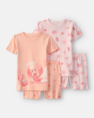 Baby Girl Seashells 100% Cotton Short-Sleeve Snug Fit 4-Piece Pajama Set - Pink/Orange