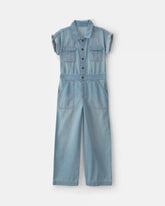 Girls Denim Short-Sleeve Jumpsuit - Light Wash
