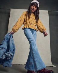 Girls Floral Denim Flare Jeans - Light Wash