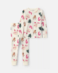 Toddler 2-Piece Christmas Holiday Icon 100% Cotton Snug Fit Pajama Set - Cream