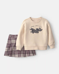 Toddler Girl 2-Piece 'Good Day' Plaid Fleece Sweatshirt & Skirt Set - Cream/Burgundy