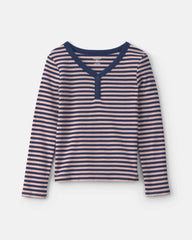 Girls Striped Long-Sleeve Rib Top - Pink/Navy Blue