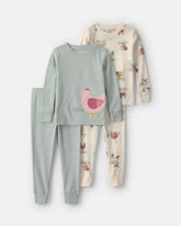 Baby Girl 4-Piece Country Chicken 100% Cotton Snug Fit Pajama Set - Blue/Cream