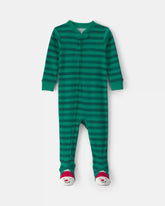 Toddler 1-Piece Striped Snowman 100% Cotton Snug Fit Footed Pajama - Green