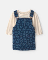 Baby Girl 2-Piece Leopard Denim Long-Sleeve Overall Set - Dark Wash