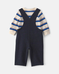 Baby Boy 2-Piece Striped French Terry Long-Sleeve Overall Set - Indigo/Cream