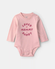 Baby Girl 'Loved By Mommy & Daddy' Long-Sleeve Graphic Bodysuit - Pink