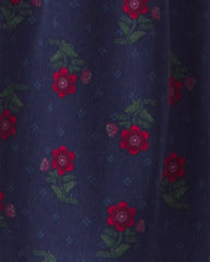 Girls Floral Corduroy Long-Sleeve Dress - Navy Blue