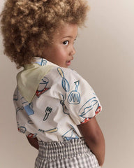 Toddler Girl Scalloped Collar Top in Baking Print - Cream