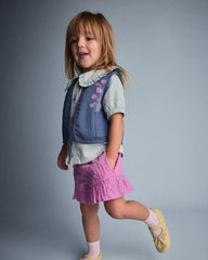 Toddler Girl Embroidered Cropped Vest with Otter Pockets - Slate Blue