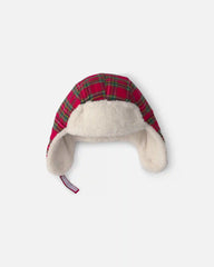 Boys Christmas Plaid Flannel Teddy Fleece Hat - Red