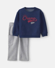 Toddler Boy 2-Piece 'Little Champ' Football Fleece Top & Pant Set - Navy Blue/Grey