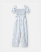 Girls Plaid Smocked Jumpsuit - Blue