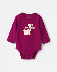 Baby Girl 'Hey Boo' Ghost Long-Sleeve Graphic Bodysuit - Burgundy