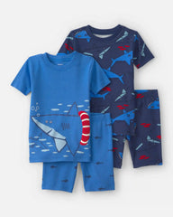 Baby Boy Shark 100% Cotton Short-Sleeve Snug Fit 4-Piece Pajama Set - Blue