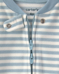 Baby Milk & Cookies Striped Fleece 2-Way Zip Sleep & Play Pajamas - Blue