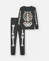 Kids 2-Piece Halloween Glow in the Dark Skeleton 100% Cotton Snug Fit Pajama Set - Black