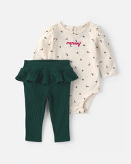 Baby Girl 2-Piece 'Merry' Long-Sleeve Bodysuit & Pant Set - Cream/Green