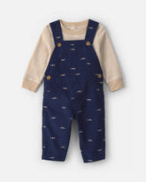 Baby Boy 2-Piece Car Corduroy Long-Sleeve Overall Set - Navy Blue/Cream