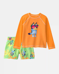 Toddler Boy 2-Piece Bluey™ Rashguard & Swim Trunk Set - Orange/Green
