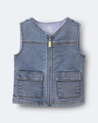 Toddler Boy Zip-Up Denim Vest with Pockets in Avenue Wash - Blue