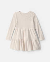 Toddler Girl Flower Ribbed Long-Sleeve Dress - Cream