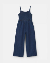 Girls Smocked Denim Wide-Leg Jumpsuit - Dark Wash