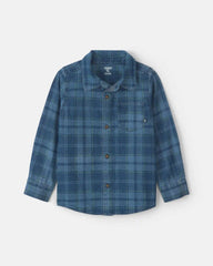 Boys Plaid Long-Sleeve Button-Down Shirt - Navy Blue