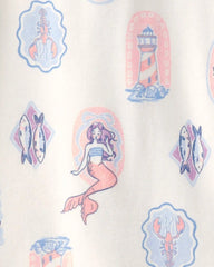 Girls Mermaid 100% Cotton Snug Fit 4-Piece Pajama Set - Blue/Ivory