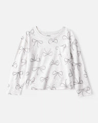 Girls Bow Print Long-Sleeve Top - Grey
