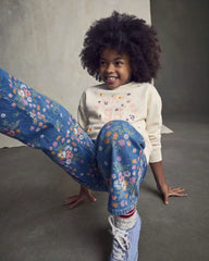 Girls Floral Denim Wide-Leg Jeans - Medium Wash