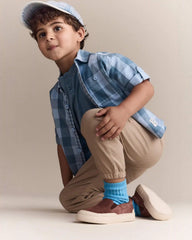 Toddler Boy Button-Down Short-Sleeve Shirt in Plaid - Blue