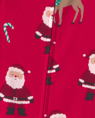 Baby 1-Piece Beige Santa Christmas 2-Way Zip 100% Cotton Snug Fit Footed Pajama - Red