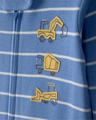 Baby Boy Construction Striped 100% Cotton Snug Fit 1-Piece Pajama - Blue