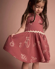Toddler Girl Ric-Rac Crossover Dress in Snack Print - Red