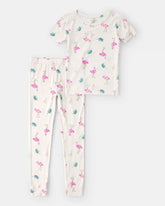 Girls Flamingo PurelySoft Short-Sleeve Snug Fit 2-Piece Pajama Set - Ivory