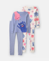 Girls 4-Piece Monster 100% Cotton Snug Fit Pajama Set - Blue/Cream