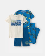 Boys Race Car 100% Cotton 4-Piece Pajama Set - Blue/White