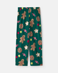 Kids Christmas Gingerbread Fleece Loose Fit Pajama Bottoms - Green
