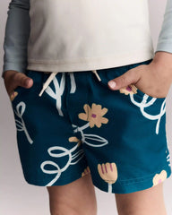 Toddler Boy Swim Trunk in Floral Print - Teal