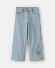 Girls Butterfly Cropped Wide-Leg Jeans - Light Wash