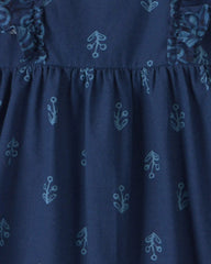 Toddler Girl Floral Ruffle-Sleeve Dress - Navy