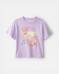 Girls Floral Dolphin Oversized Graphic Tee - Purple