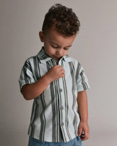 Toddler Boy Button-Down Short-Sleeve Shirt in Stripes - Light Blue/Sage