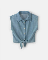 Girls Cropped Denim Tie-Front Top - Blue