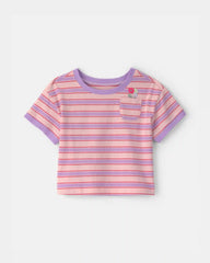 Baby Girl Flower Striped Short-Sleeve Top - Pink/Purple