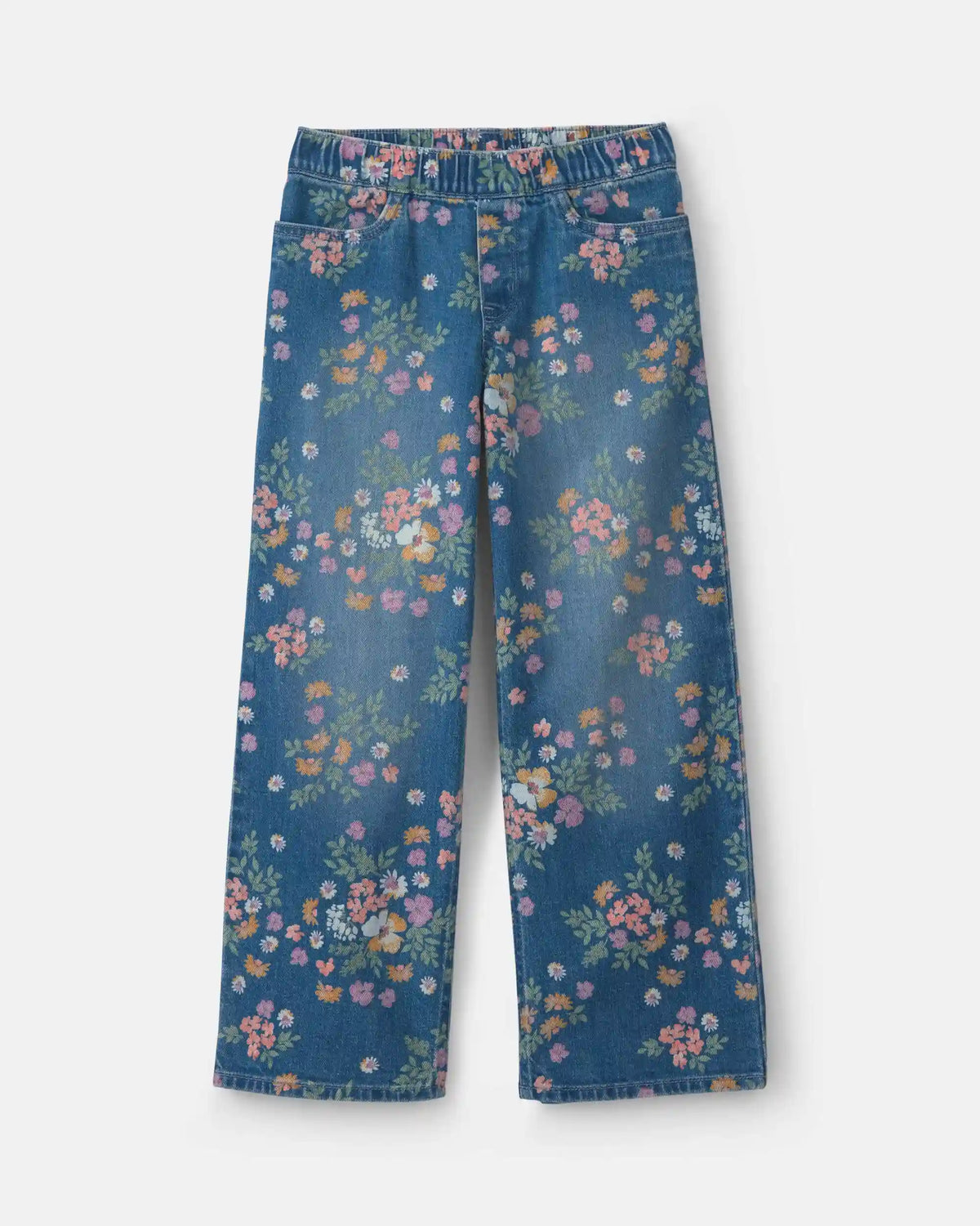 Girls Floral Denim Wide-Leg Jeans - Medium Wash